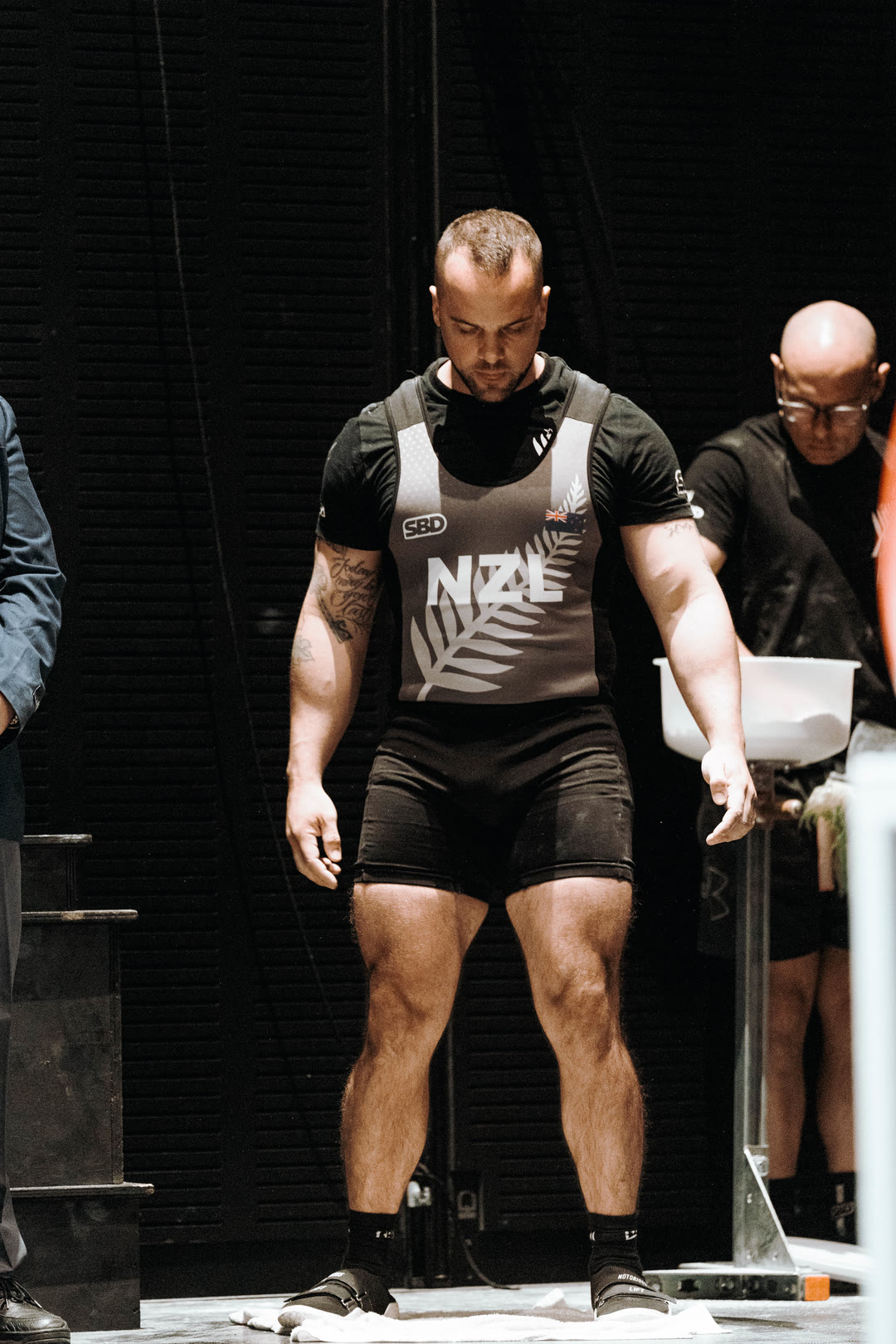 Richard Kerr-Phillips competing for New Zealand at an international powerlifting championship.
