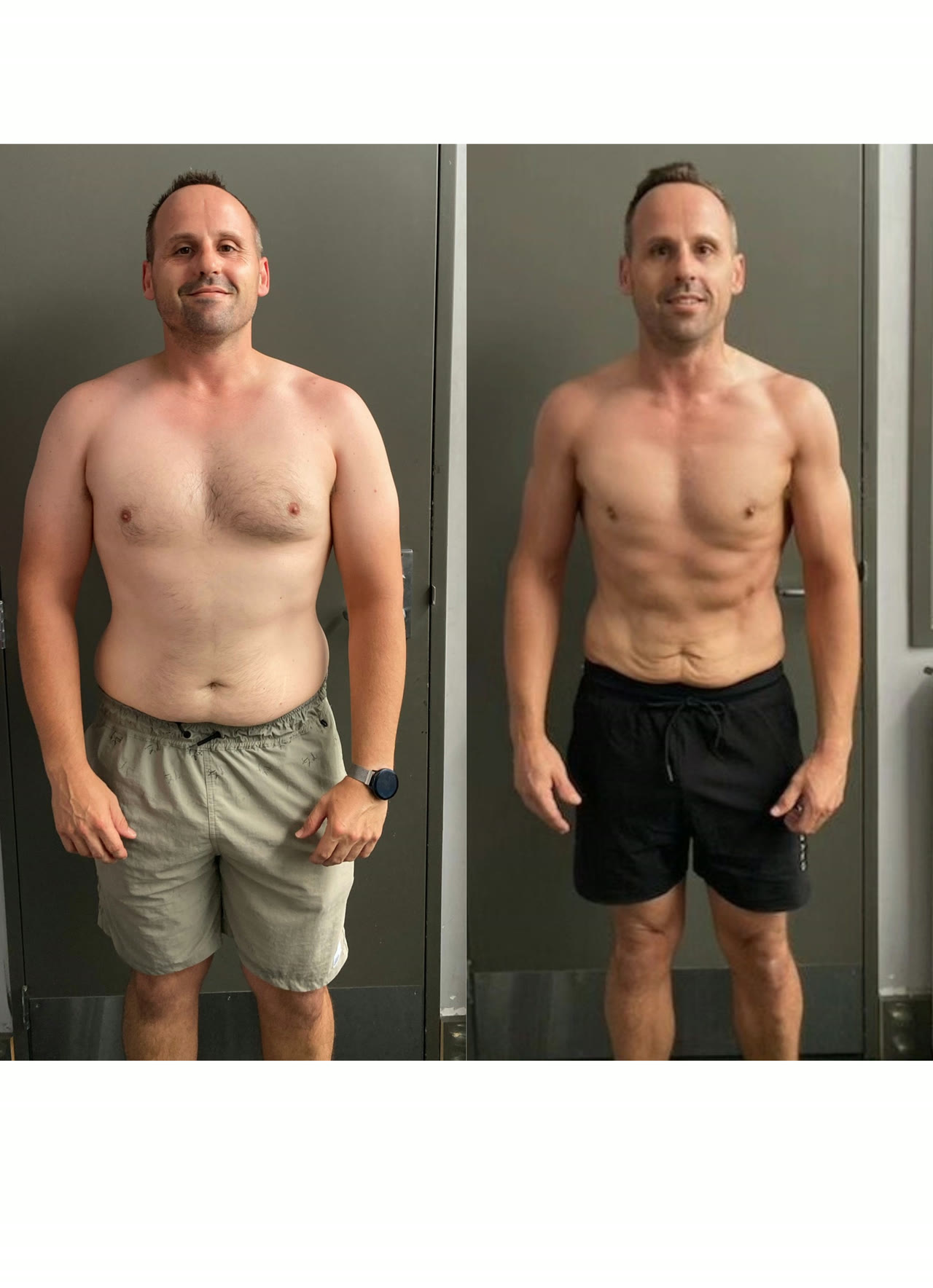Client before-and-after photo showing a body transformation after coaching.