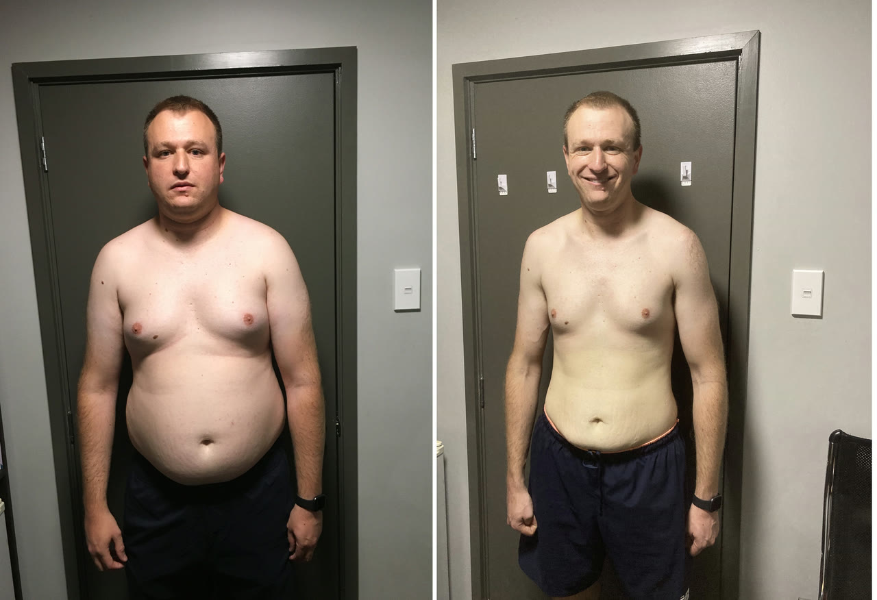 Client before-and-after photo showing a body transformation after coaching.