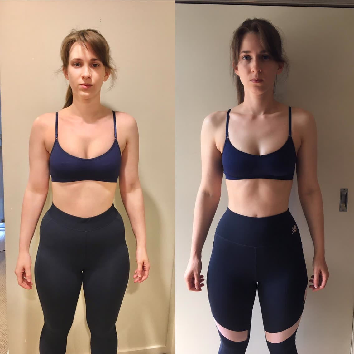 Client before-and-after photo showing a body transformation after coaching.