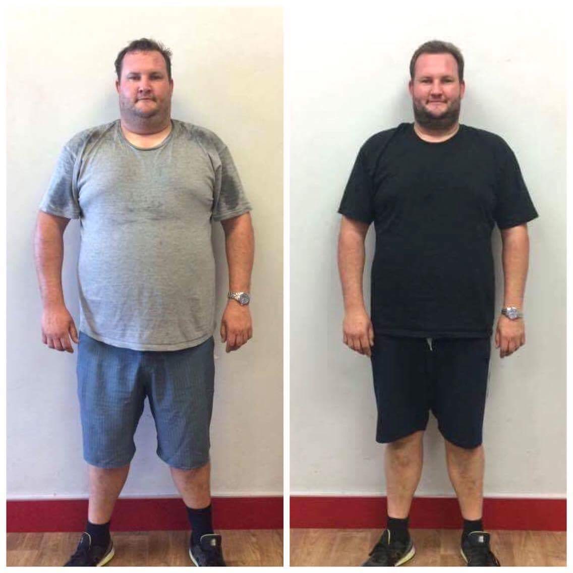 Client before-and-after photo showing a major weight-loss transformation.