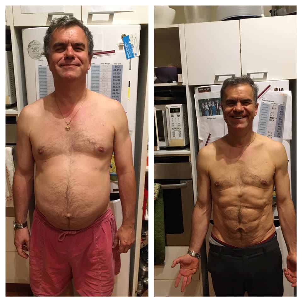 Client before-and-after photo showing a leaner, healthier physique.