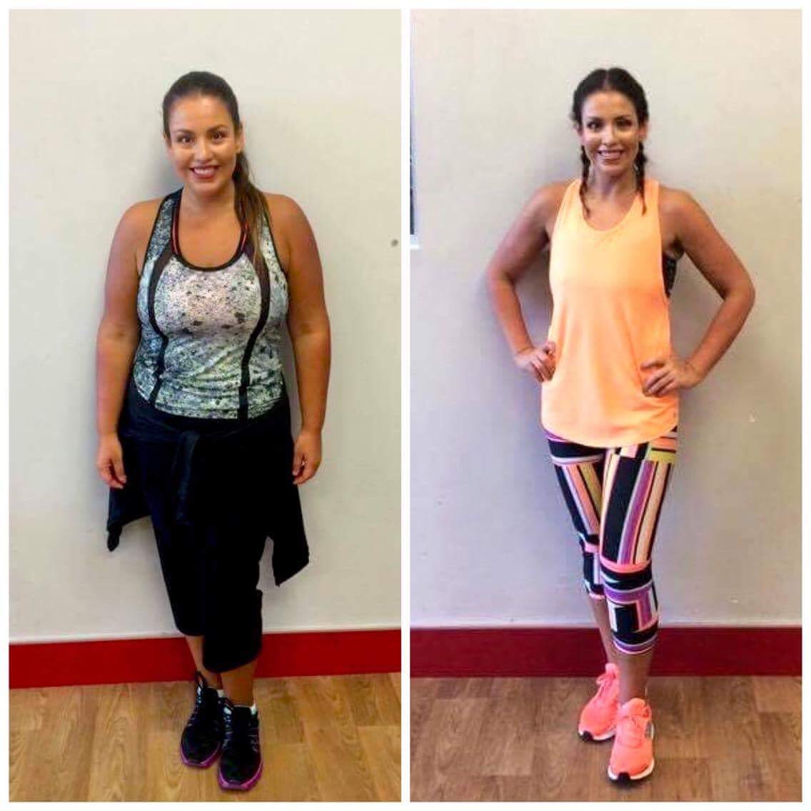 Client before-and-after photo showing a significant weight-loss transformation.