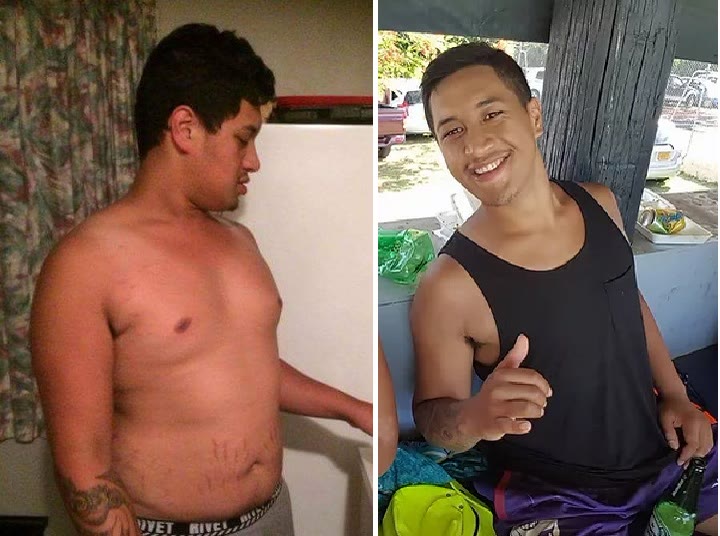 Client before-and-after photo showing a significant weight-loss transformation.