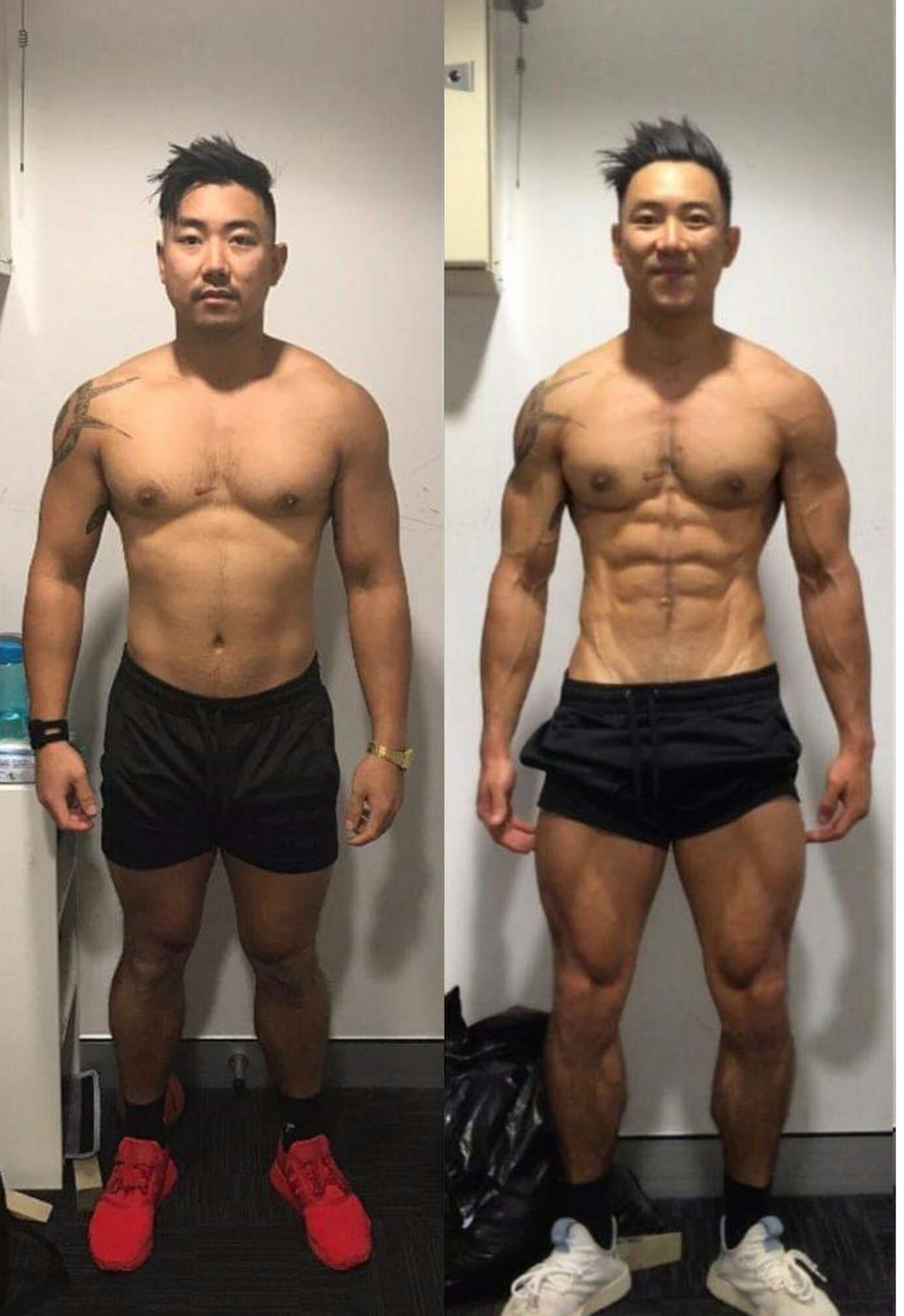 Client before-and-after photo showing significant strength and body recomposition.