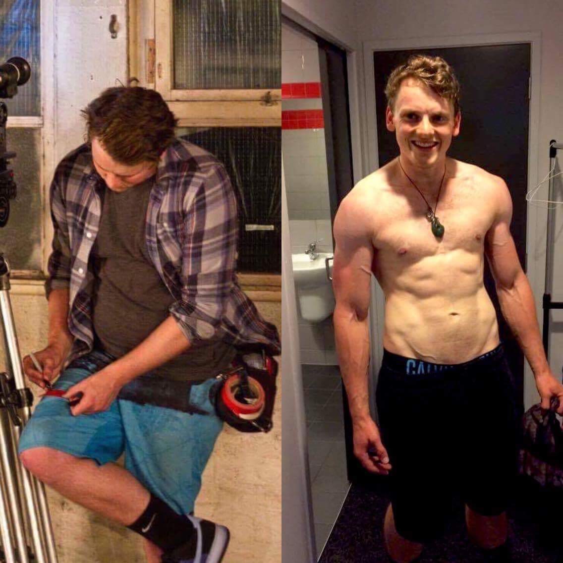 Client before-and-after photo: leaner, more muscular physique after coaching.