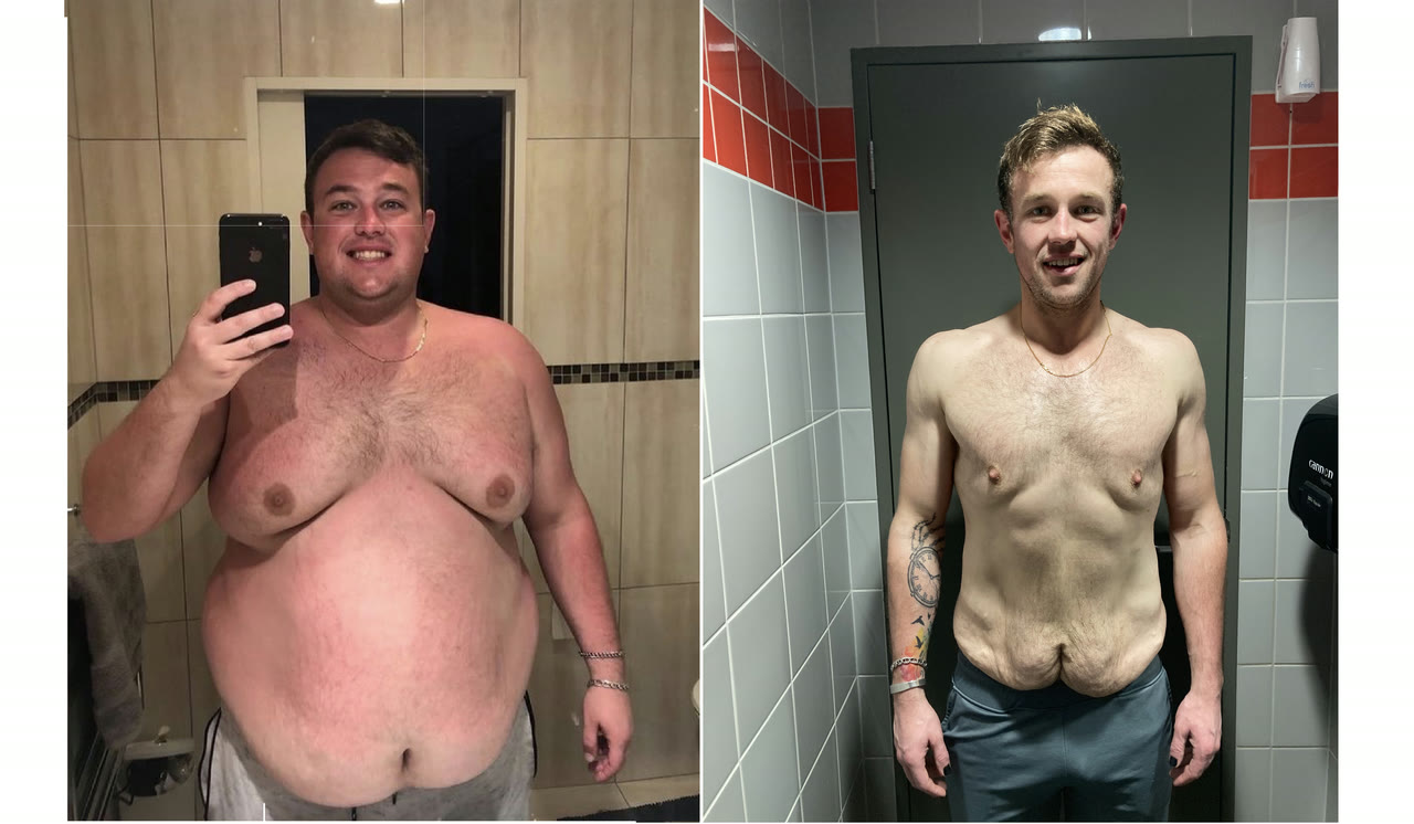 Client before-and-after photo showing a major weight-loss transformation.