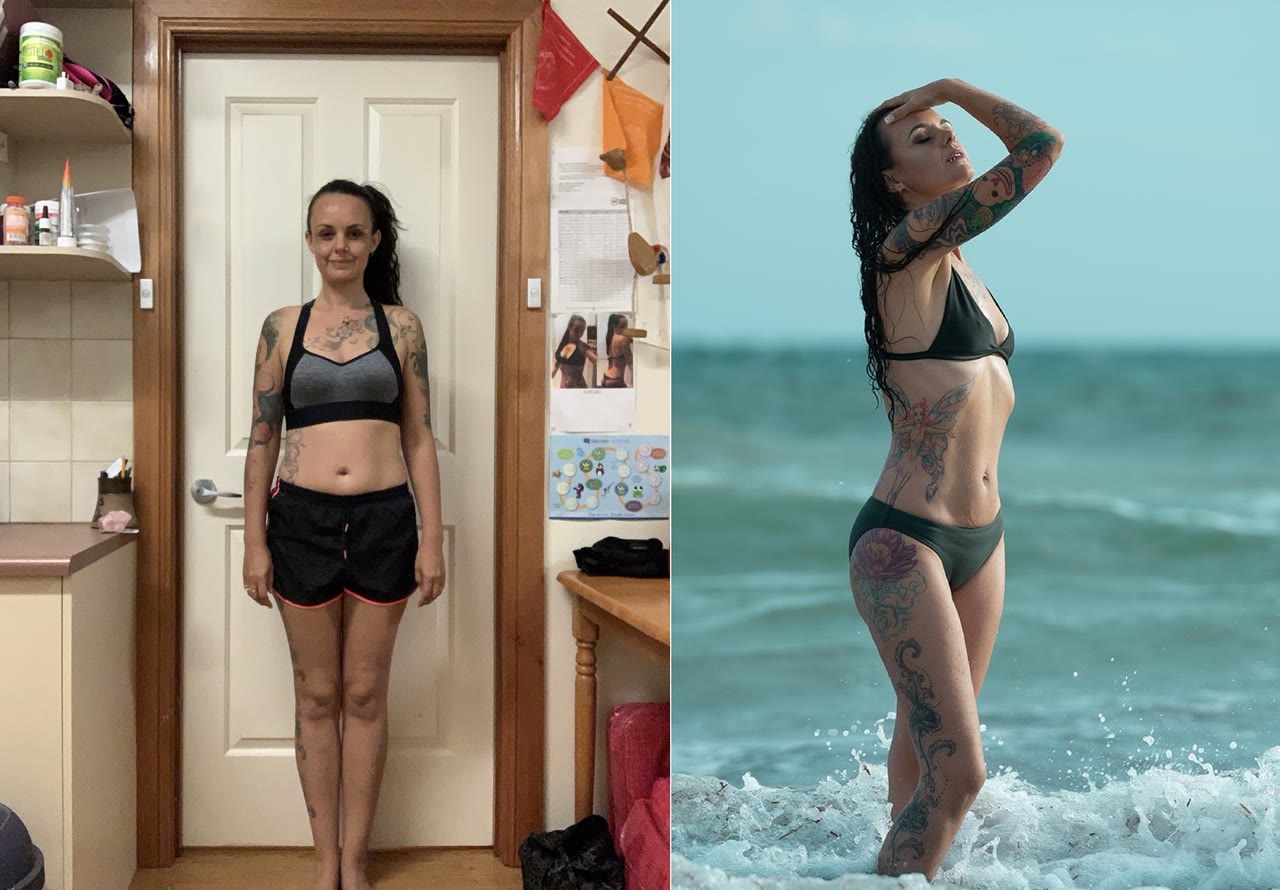 Client before-and-after photo showing a leaner, stronger physique.