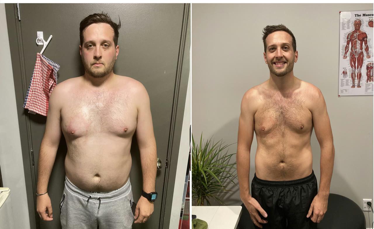 Client before-and-after photo showing a body transformation after coaching.